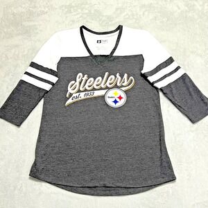 NFL Team Apparel Women's Medium Pittsburgh Steelers Gray White 3/4 Sleeve V-Neck